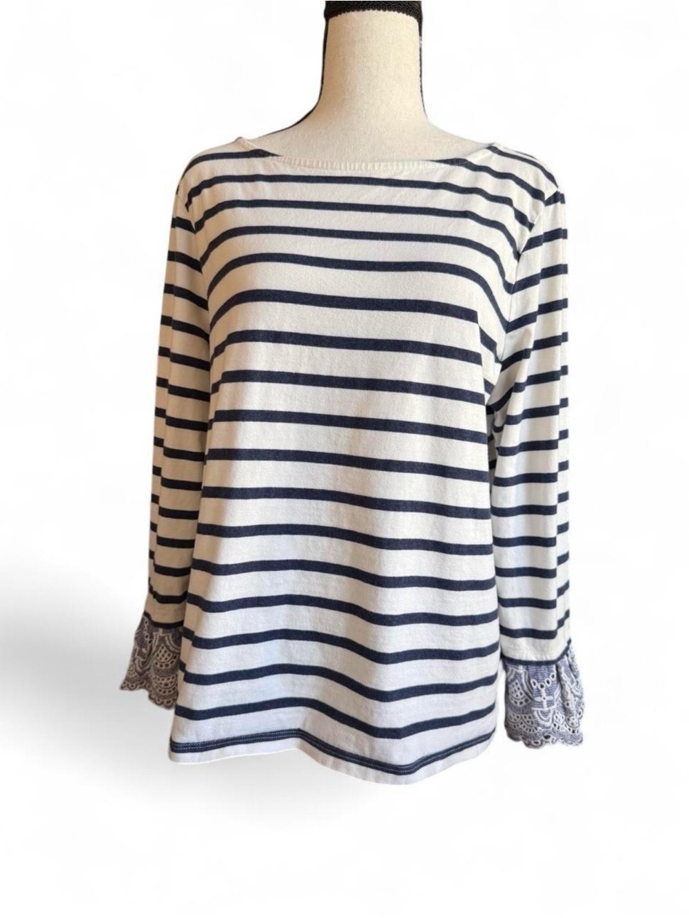 Talbots Striped Top Womens XLP Navy Blue White Anchor Lace Cuff Boat Neck